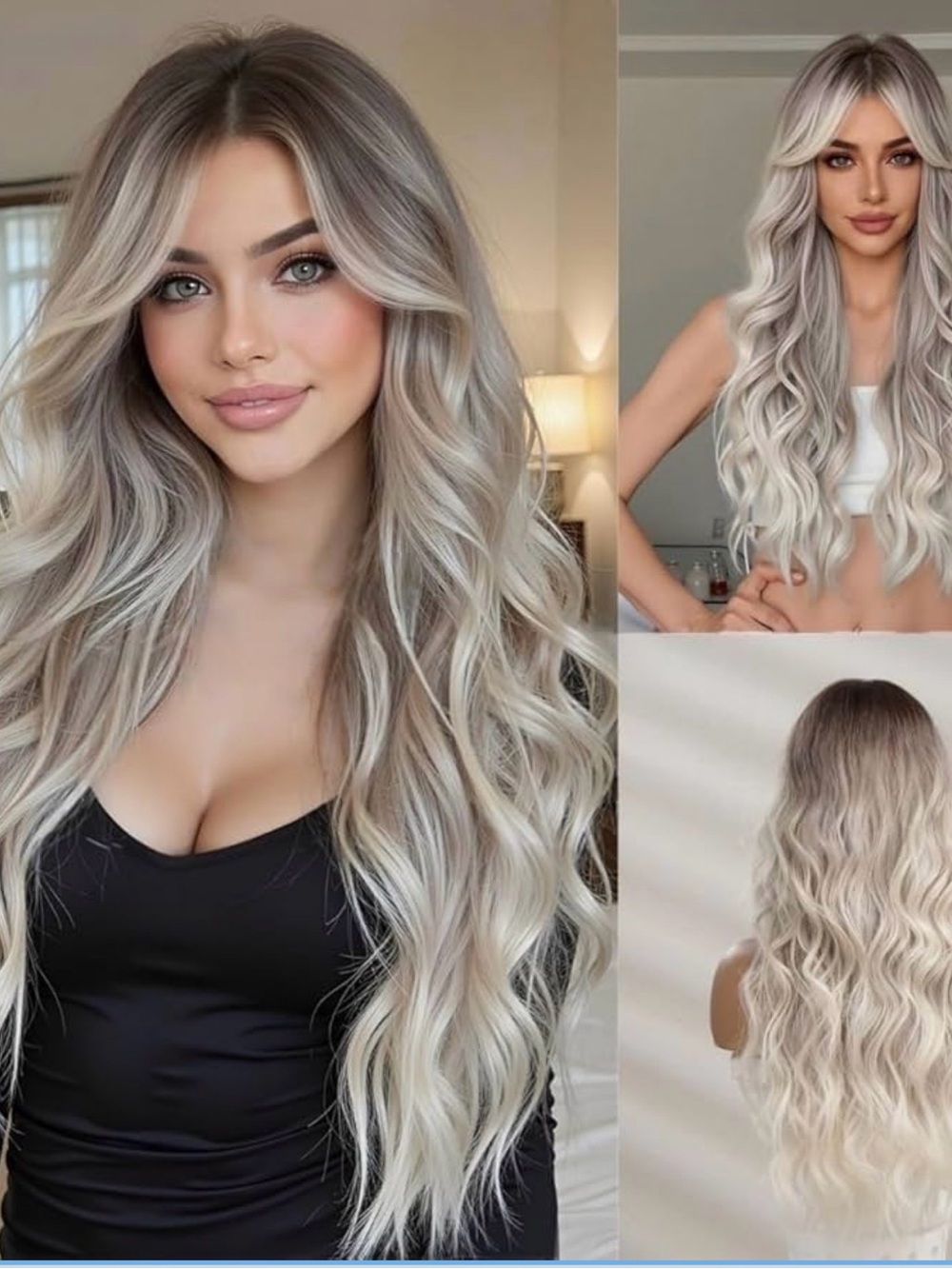 28” Long Wavy Ombré Ash Blonde Wig with Natural Dark Roots, Middle Part & Bangs